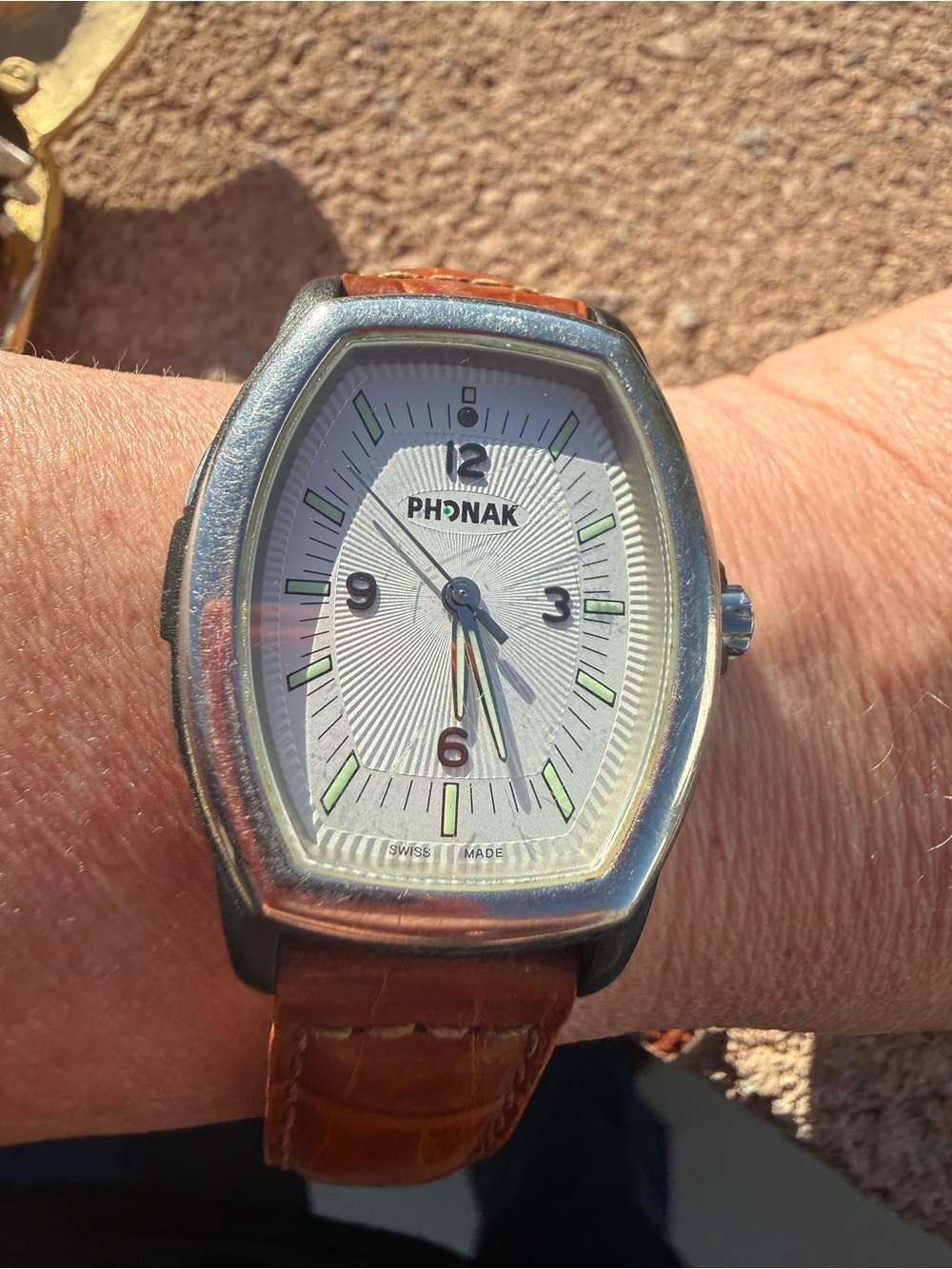Vintage Phonak Swiss Made Men’s Watch – Brown Leather Strap, Rectangular Case